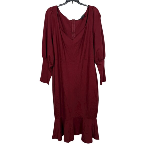 Eloquii Fluted Dress Size 20 Burgundy Long Sleeve Stretch Formal Dressy Midi - Picture 2 of 9